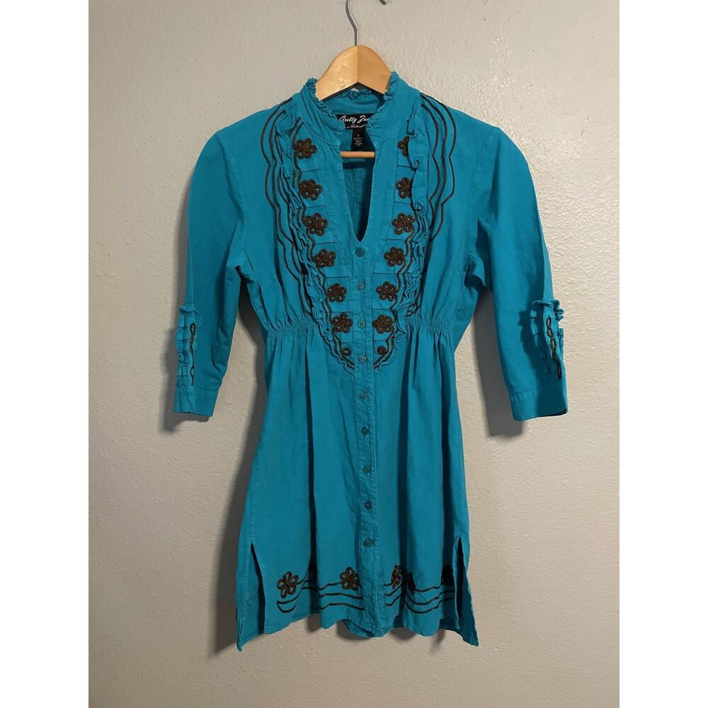 Gretty Zueger Tunic Top Womens Small Blue Floral Embroidered Boho Peasant